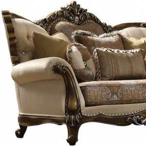 Homeroots 74" Elegant Tan And Brown Velvet Damask Curved Loveseat With Reversible Toss Pillows For Comfort   515717