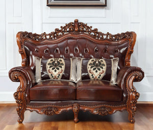 Homeroots 69" Brown & Walnut Top Grain Leather Curved Loveseat With Toss Pillows – Elegant Comfort & Style   515718