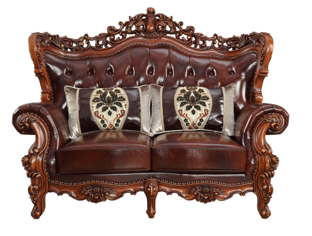 HomeRoots 69" Curved Brown & Walnut Top-Grain Leather Loveseat with Toss Pillows - Elegant Comfort for Your Home 515718