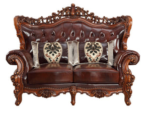 HomeRoots 69" Curved Brown & Walnut Top-Grain Leather Loveseat with Toss Pillows - Elegant Comfort for Your Home 515718