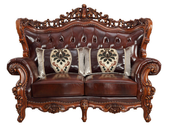 HomeRoots 69" Curved Brown & Walnut Top-Grain Leather Loveseat with Toss Pillows - Elegant Comfort for Your Home 515718