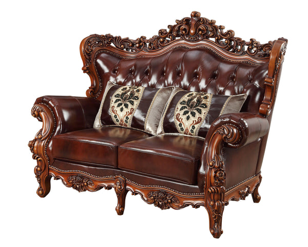 Homeroots 69" Brown & Walnut Top Grain Leather Curved Loveseat With Toss Pillows – Elegant Comfort & Style   515718