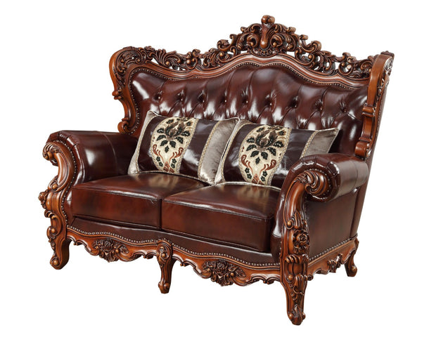 Homeroots 69" Brown & Walnut Top Grain Leather Curved Loveseat With Toss Pillows – Elegant Comfort & Style   515718