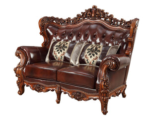 Homeroots 69" Brown & Walnut Top Grain Leather Curved Loveseat With Toss Pillows – Elegant Comfort & Style   515718