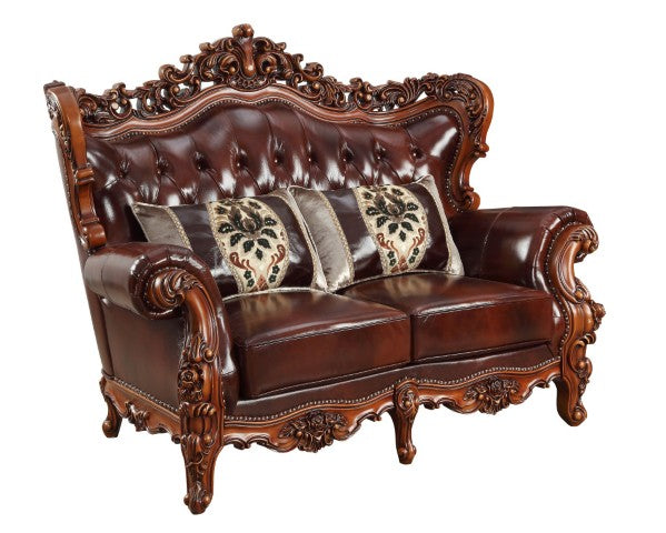Homeroots 69" Brown & Walnut Top Grain Leather Curved Loveseat With Toss Pillows – Elegant Comfort & Style   515718