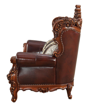 Homeroots 69" Brown & Walnut Top Grain Leather Curved Loveseat With Toss Pillows – Elegant Comfort & Style   515718