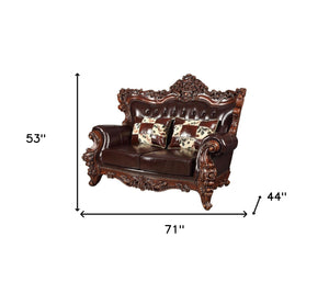 Homeroots 71" Espresso And Brown Faux Leather Curved Loveseat   515719