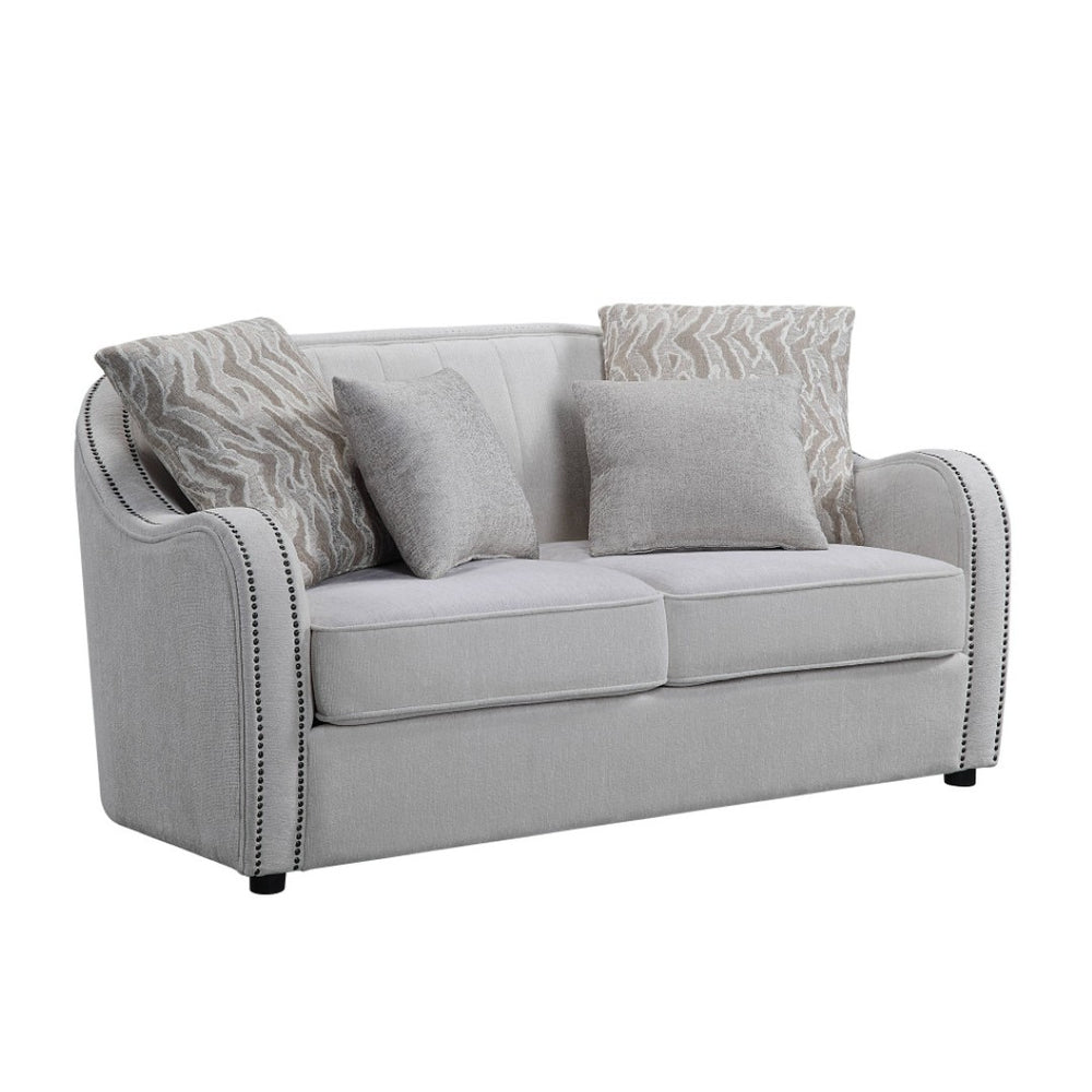 HomeRoots 63" Curved Beige and Black Linen Loveseat with Cozy Toss Pillows for Elegant Living Room Style 515724