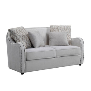 HomeRoots 63" Curved Beige and Black Linen Loveseat with Cozy Toss Pillows for Elegant Living Room Style 515724