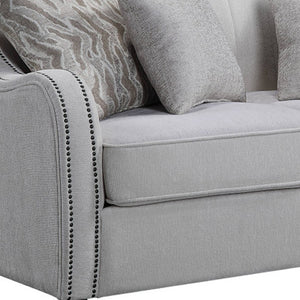 HomeRoots 63" Curved Beige and Black Linen Loveseat with Cozy Toss Pillows for Elegant Living Room Style 515724