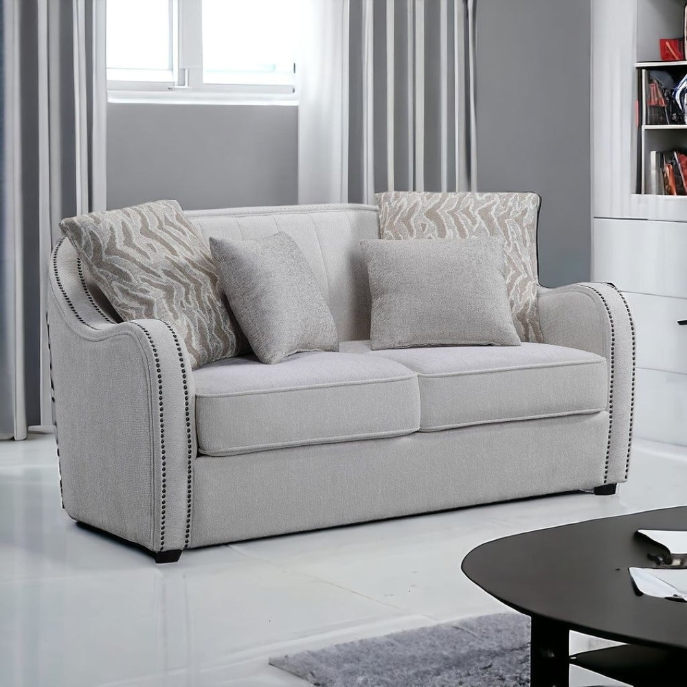 HomeRoots 63" Curved Beige and Black Linen Loveseat with Cozy Toss Pillows for Elegant Living Room Style 515724