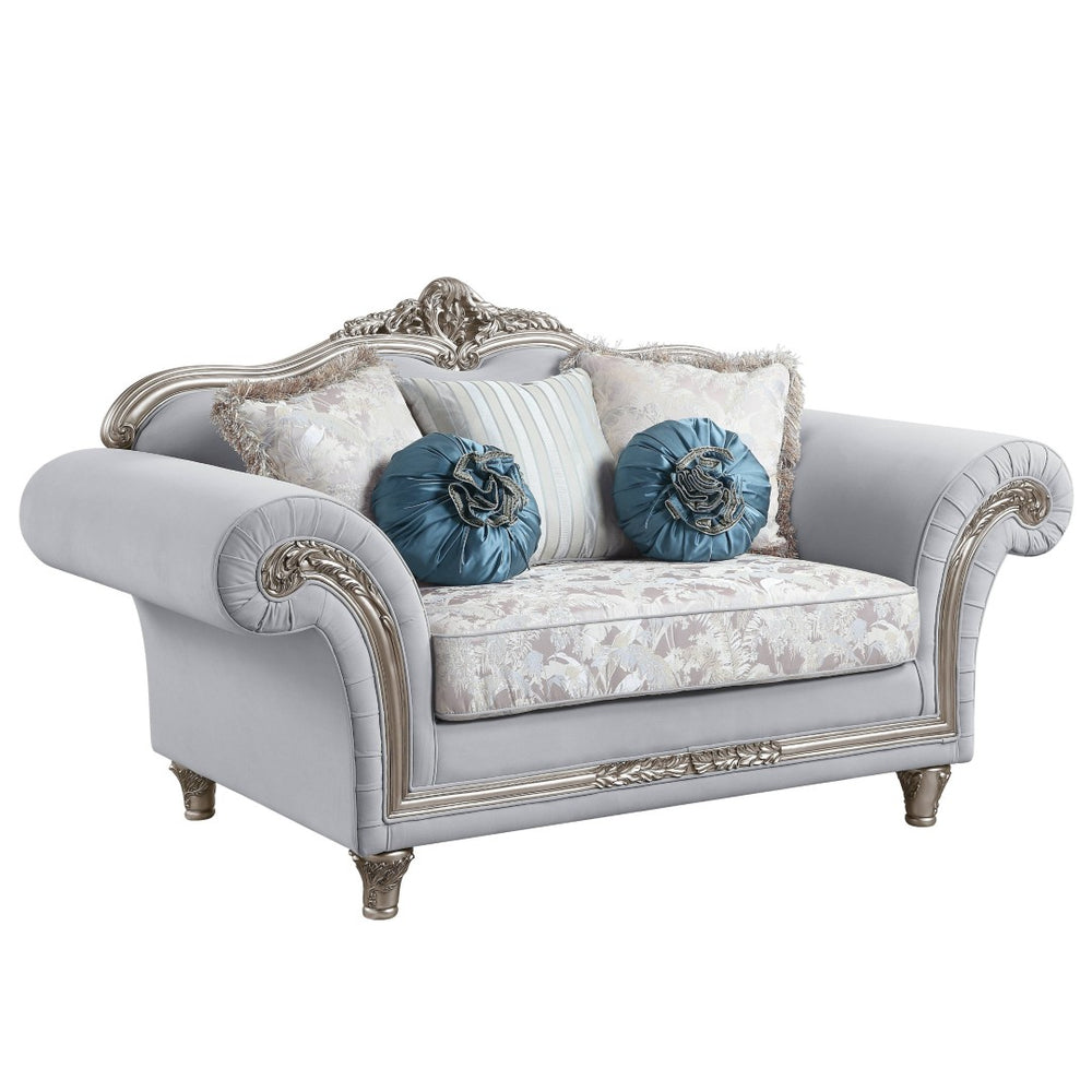 HomeRoots 76" Light Gray Linen Loveseat with Platinum Accents & Toss Pillows - Stylish Comfort for Any Space 515726