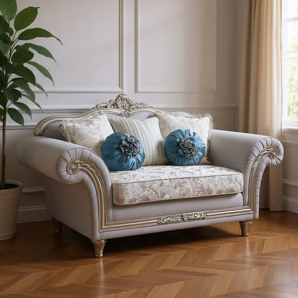 HomeRoots 76" Light Gray Linen Loveseat with Platinum Accents & Toss Pillows - Stylish Comfort for Any Space 515726