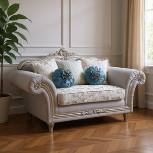 HomeRoots 76" Light Gray Linen Loveseat with Platinum Accents & Toss Pillows - Stylish Comfort for Any Space 515726
