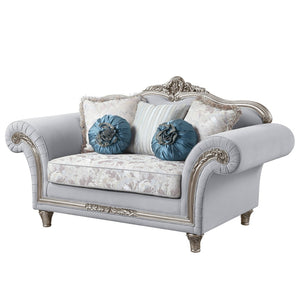 HomeRoots 76" Light Gray Linen Loveseat with Platinum Accents & Toss Pillows - Stylish Comfort for Any Space 515726