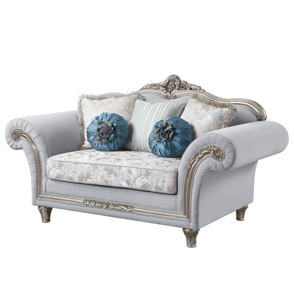 HomeRoots 76" Light Gray Linen Loveseat with Platinum Accents & Toss Pillows - Stylish Comfort for Any Space 515726