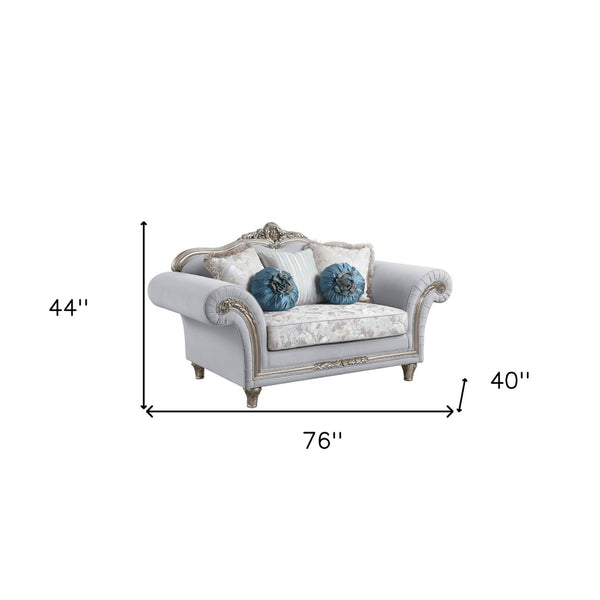 HomeRoots 76" Light Gray Linen Loveseat with Platinum Accents & Toss Pillows - Stylish Comfort for Any Space 515726