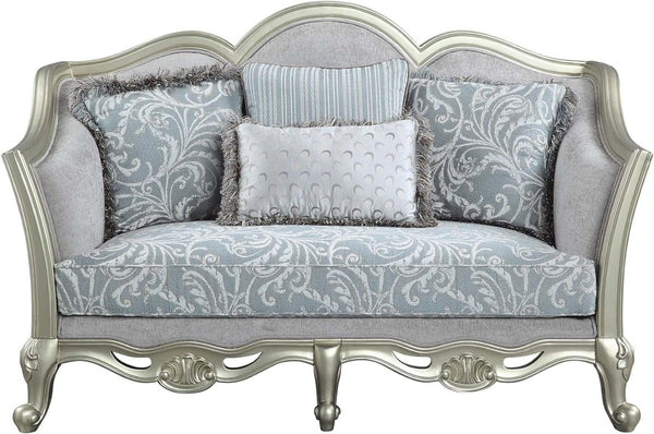 HomeRoots 66" Light Gray Linen Damask Loveseat with Toss Pillows - Elegant, Comfortable, and Stylish Seating 515727