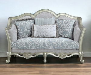 HomeRoots 66" Light Gray Linen Damask Loveseat with Toss Pillows - Elegant, Comfortable, and Stylish Seating 515727