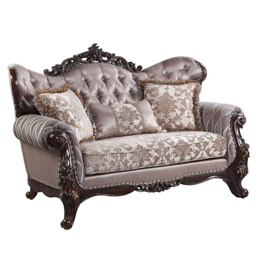 HomeRoots 70" Pink Loveseat with Brown Legs & 3 Toss Pillows - Stylish Comfort for Living Rooms & More! 515730