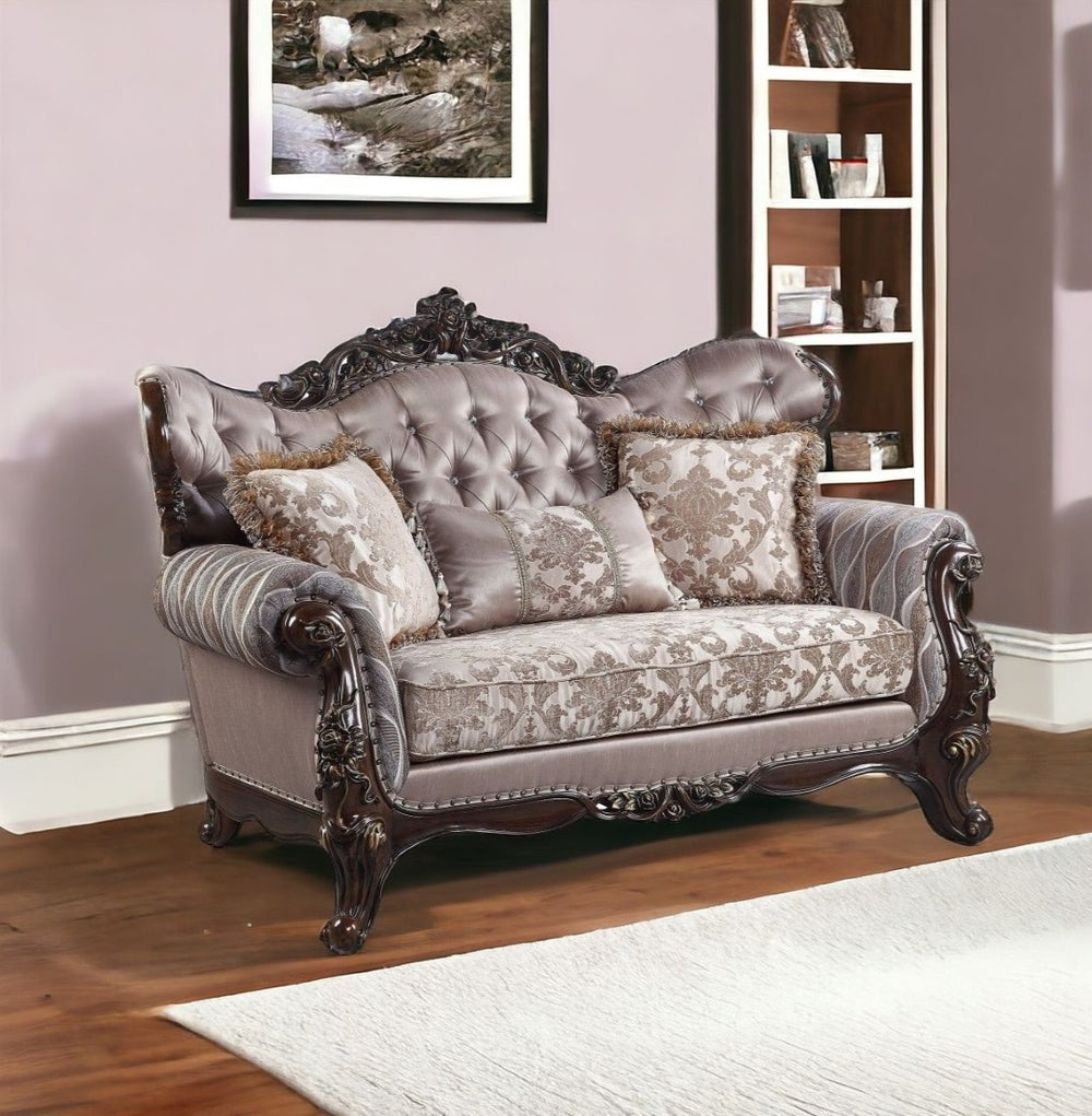 HomeRoots 70" Pink Loveseat with Brown Legs & 3 Toss Pillows - Stylish Comfort for Living Rooms & More! 515730