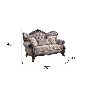 HomeRoots 70" Pink Loveseat with Brown Legs & 3 Toss Pillows - Stylish Comfort for Living Rooms & More! 515730