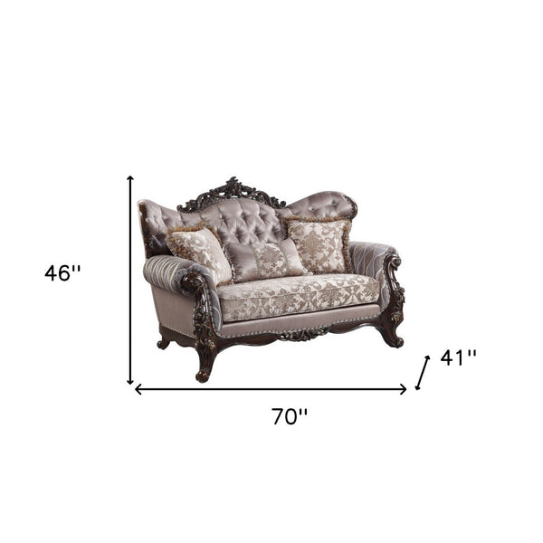 HomeRoots 70" Pink Loveseat with Brown Legs & 3 Toss Pillows - Stylish Comfort for Living Rooms & More! 515730