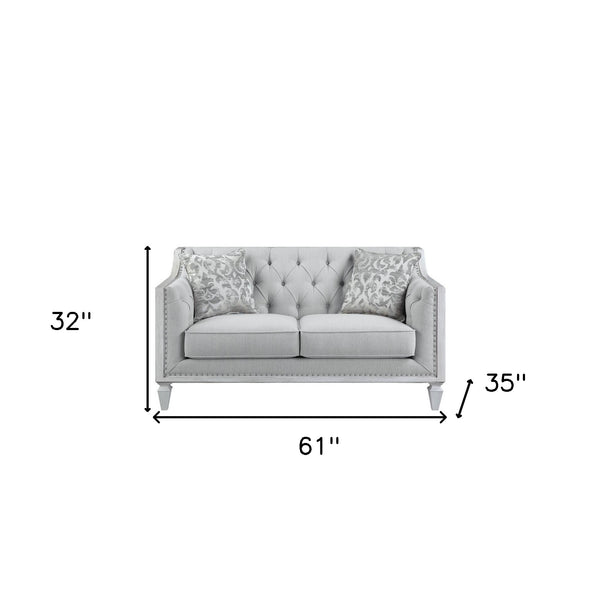 Homeroots 61" Light Gray And Off White Loveseat And Toss Pillows   515731