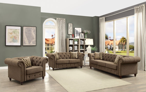 HomeRoots 67" Brown and Dark Brown Linen Loveseat - Stylish, Comfortable Seating with Tufted Cushions & Pillows 515736