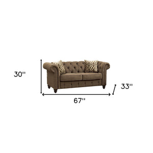 HomeRoots 67" Brown and Dark Brown Linen Loveseat - Stylish, Comfortable Seating with Tufted Cushions & Pillows 515736