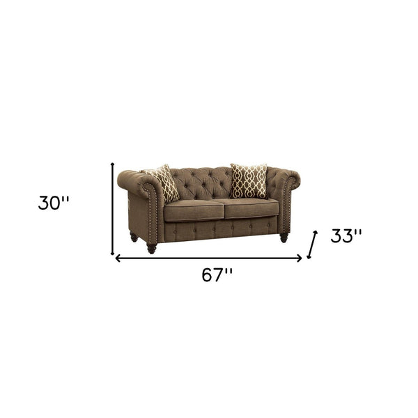 HomeRoots 67" Brown and Dark Brown Linen Loveseat - Stylish, Comfortable Seating with Tufted Cushions & Pillows 515736