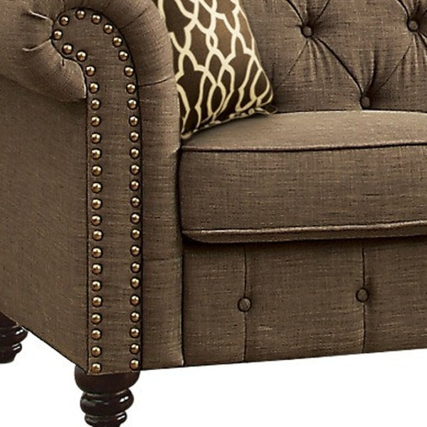 HomeRoots 67" Brown and Dark Brown Linen Loveseat - Stylish, Comfortable Seating with Tufted Cushions & Pillows 515736