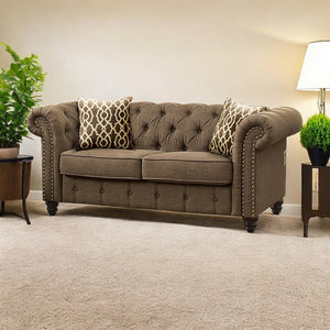 HomeRoots 67" Brown and Dark Brown Linen Loveseat - Stylish, Comfortable Seating with Tufted Cushions & Pillows 515736