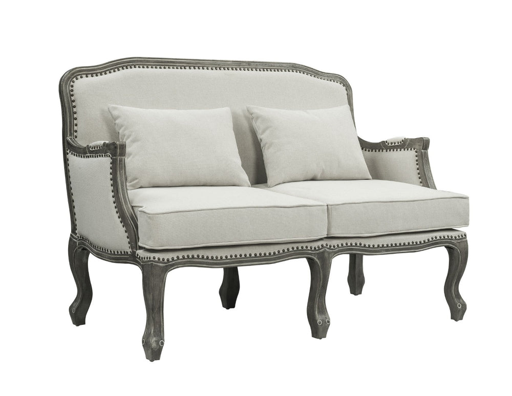 HomeRoots 56" Cream and Gray Linen Loveseat with Toss Pillows - Stylish Comfort for Small Spaces, Durable Design 515737