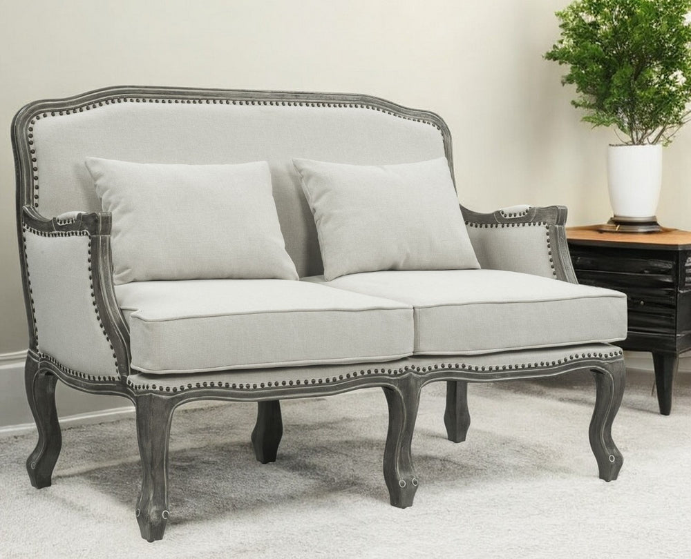 HomeRoots 56" Cream and Gray Linen Loveseat with Toss Pillows - Stylish Comfort for Small Spaces, Durable Design 515737