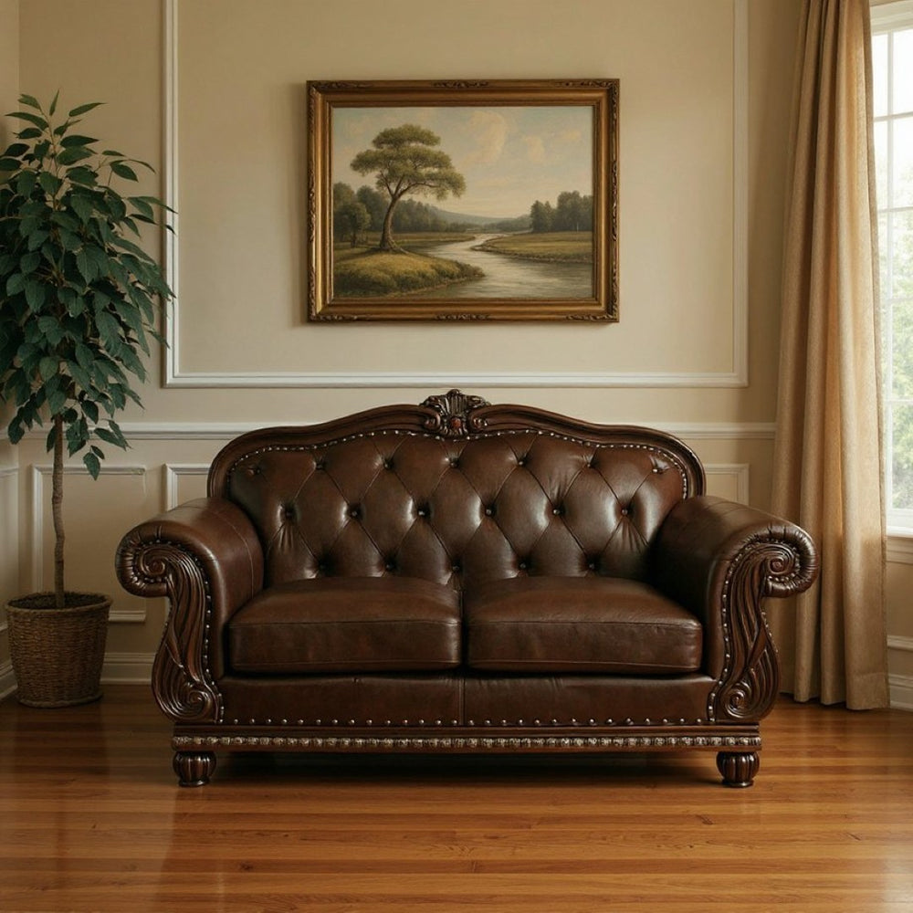 HomeRoots 70" Espresso Faux Leather Loveseat with Black Nailhead Trim - Stylish Comfort for Any Space 515738
