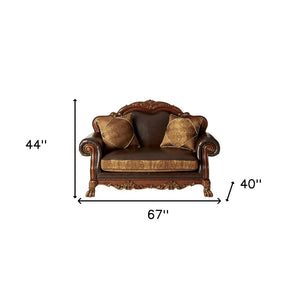 HomeRoots 67" Brown Faux Leather Loveseat with Redwood Accents & Toss Pillows - Stylish Comfort for Any Space 515739
