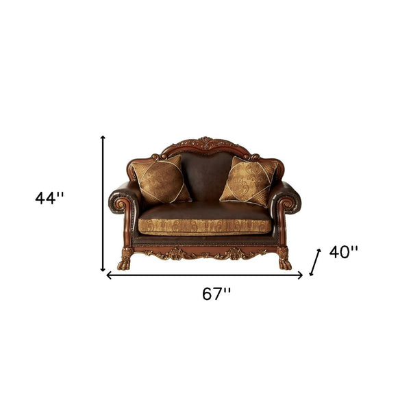 HomeRoots 67" Brown Faux Leather Loveseat with Redwood Accents & Toss Pillows - Stylish Comfort for Any Space 515739