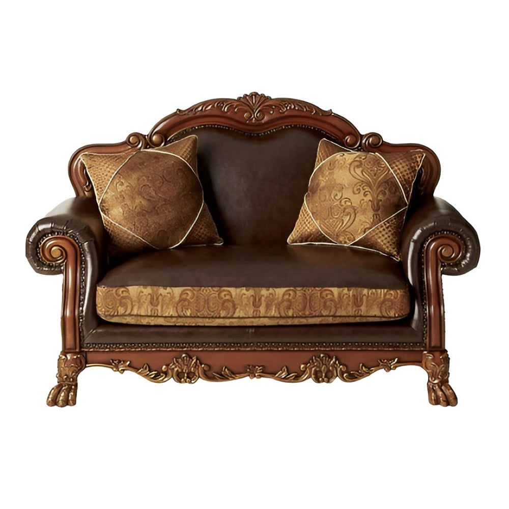 HomeRoots 67" Brown Faux Leather Loveseat with Redwood Accents & Toss Pillows - Stylish Comfort for Any Space 515739