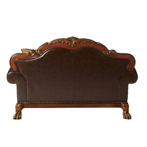 HomeRoots 67" Brown Faux Leather Loveseat with Redwood Accents & Toss Pillows - Stylish Comfort for Any Space 515739