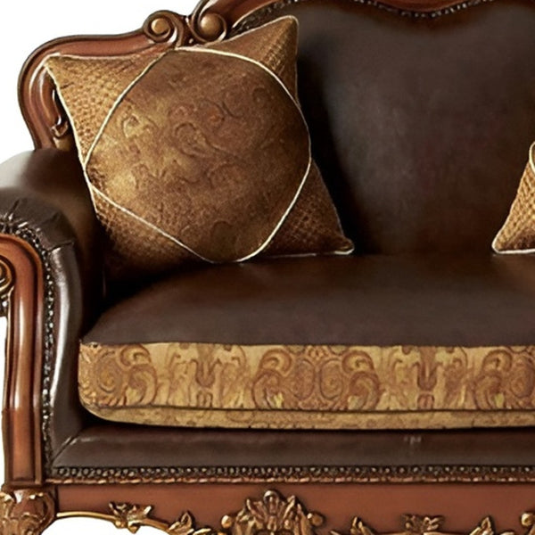HomeRoots 67" Brown Faux Leather Loveseat with Redwood Accents & Toss Pillows - Stylish Comfort for Any Space 515739
