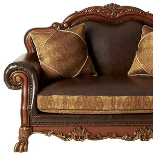HomeRoots 67" Brown Faux Leather Loveseat with Redwood Accents & Toss Pillows - Stylish Comfort for Any Space 515739