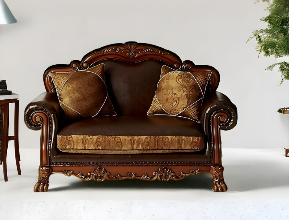HomeRoots 67" Brown Faux Leather Loveseat with Redwood Accents & Toss Pillows - Stylish Comfort for Any Space 515739
