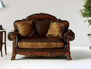 HomeRoots 67" Brown Faux Leather Loveseat with Redwood Accents & Toss Pillows - Stylish Comfort for Any Space 515739