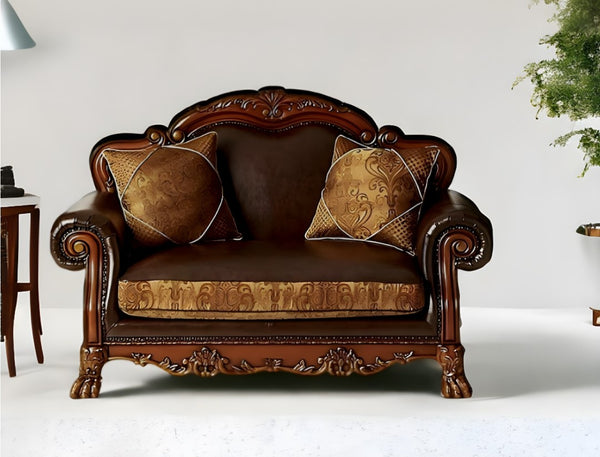 HomeRoots 67" Brown Faux Leather Loveseat with Redwood Accents & Toss Pillows - Stylish Comfort for Any Space 515739