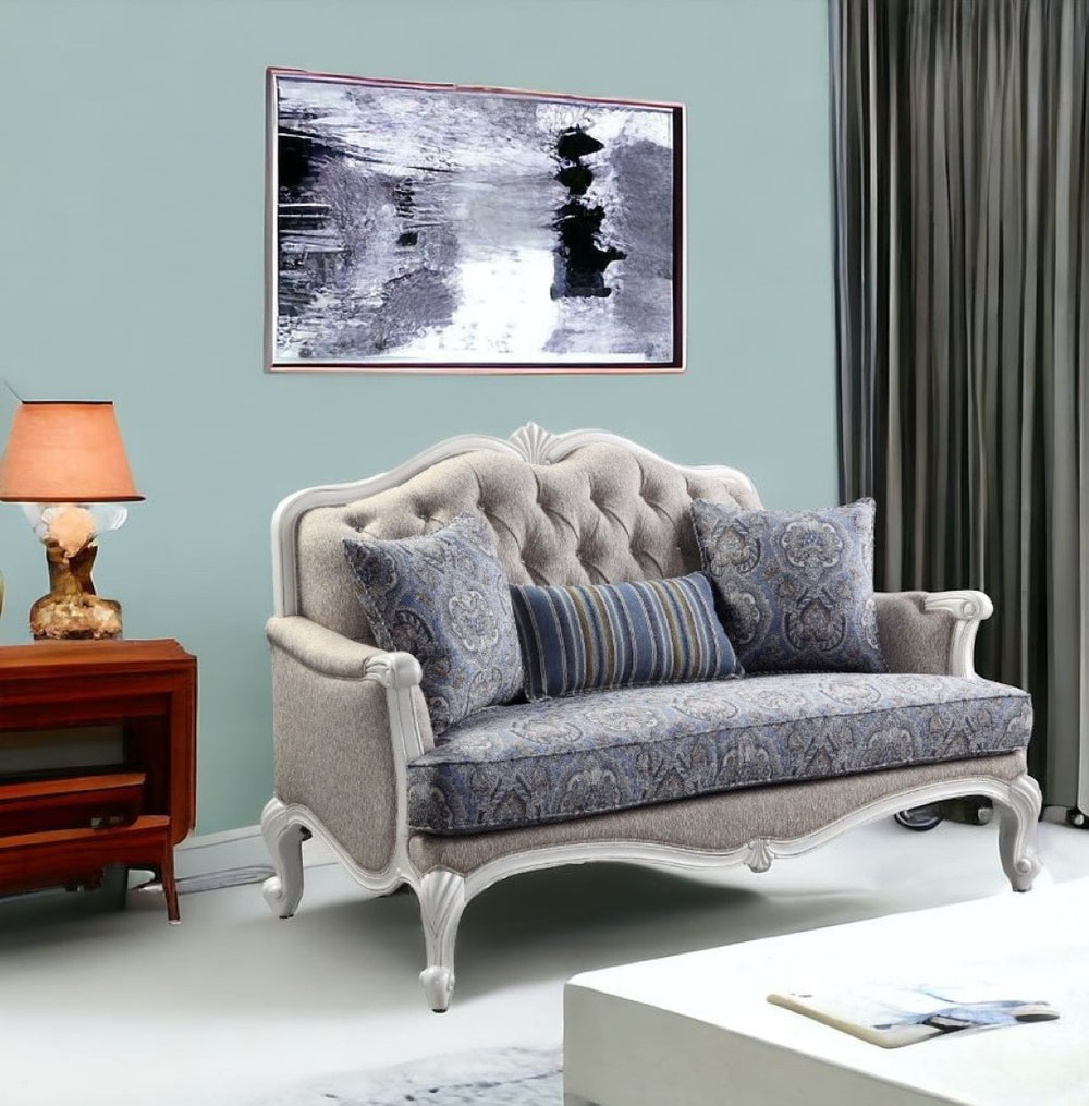 HomeRoots 64" Beige 100% Linen Love Seat with White Legs - Stylish Comfort for Modern Living Spaces & Guests 515742