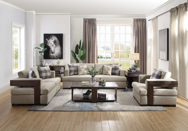 HomeRoots 72" Beige and Brown Linen Loveseat – Elegant Two-Person Seating with Cushions and Stylish Accents 515743