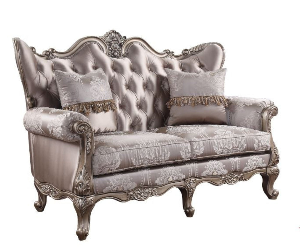 HomeRoots 68" Pink and Platinum Silk Blend Loveseat with Toss Pillows – Luxurious Seating for Stylish Spaces 515744