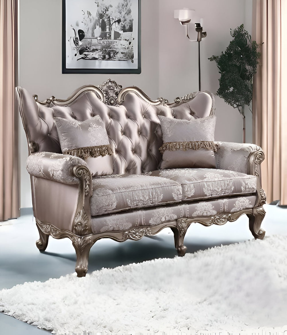HomeRoots 68" Pink and Platinum Silk Blend Loveseat with Toss Pillows – Luxurious Seating for Stylish Spaces 515744