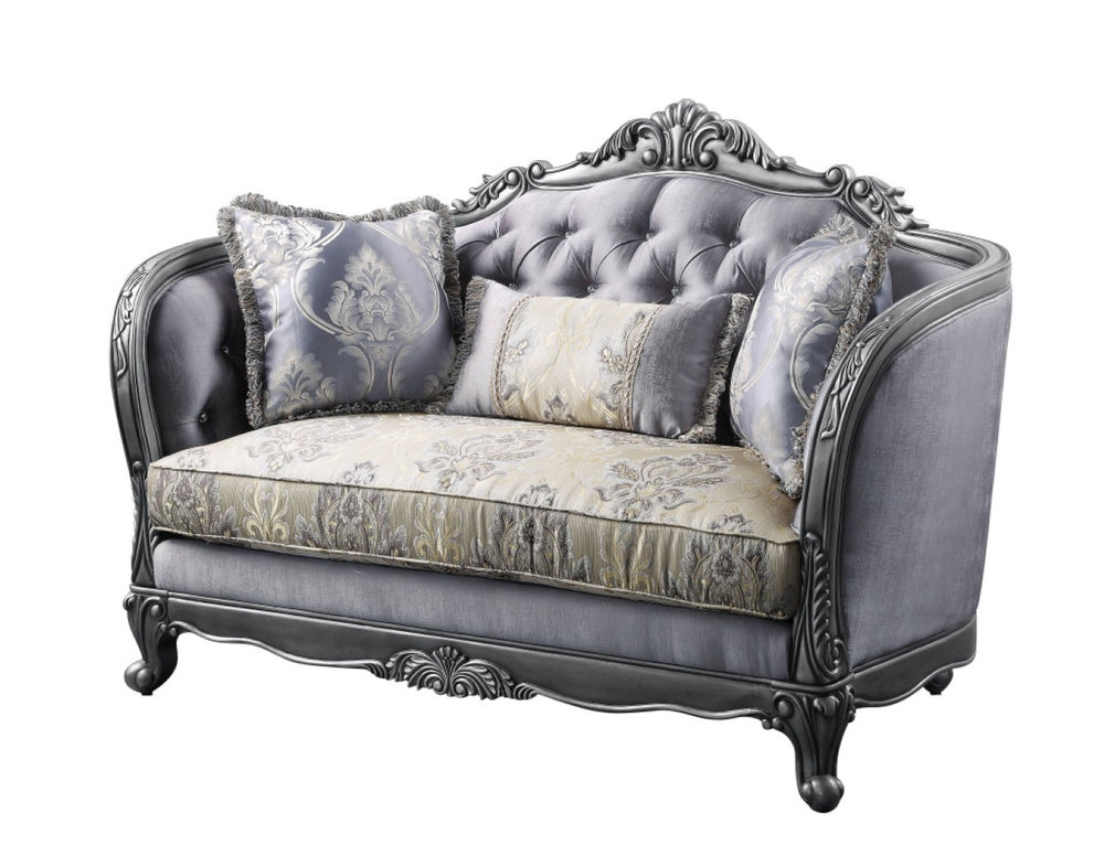 HomeRoots 65" Elegant Gray and Platinum Silk-Blend Loveseat with Toss Pillows for Modern Living Rooms 515745